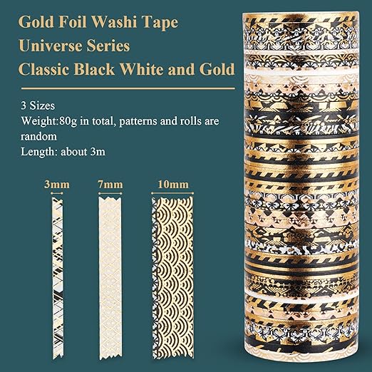 NiArt 80g Gold Foil Washi Tape Set, Random Patterned Slim Decorative Masking Tapes for Bullet Journals, Scrapbooking, DIY Crafts, Party Decor - Widths Range from 3-15mm, Suitable for Kids and Adults