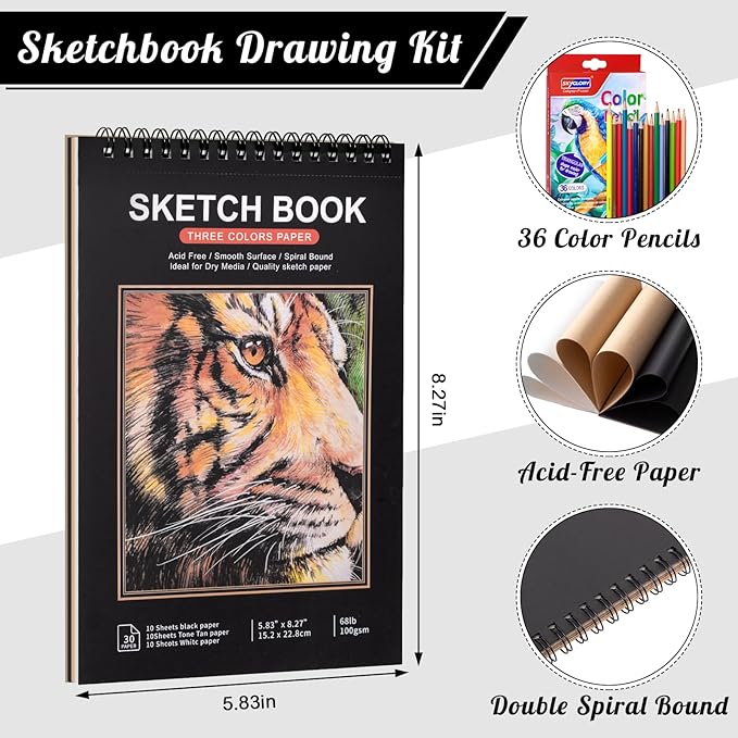 Prudiut Drawing Sketchbook Kit, A5 Sketch Book with 36 Color Pencils, Three Color Black Sketch Pad, Acid-Free Sketch Pad for Kids, Artist, Art Paper Drawing Supplies for Gifts (5.8×8.3 inch)