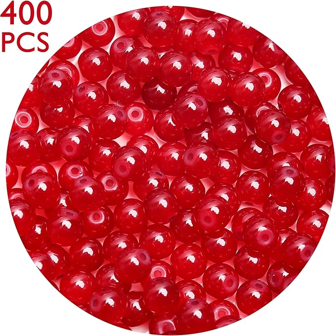 400PCs 4mm Red Jade Glass Beads Bulk, Round Smooth Hole Glass Crystal Beads for Jewelry Making, DIY Bracelets, Necklaces, Bag Charms, Keychains and Craft Projects