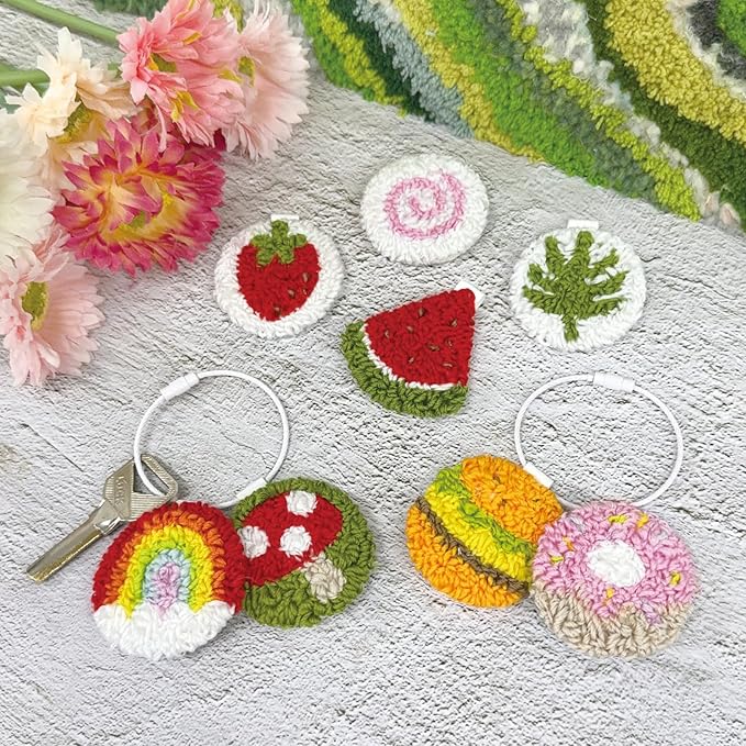 HAND U JOURNEY 8Pcs Embroidery Punch Needle Keychain, Bachpack Charm Kit, Original Design with 2.2mm Punch Tool, Threads and Hoop.Random Color Chain