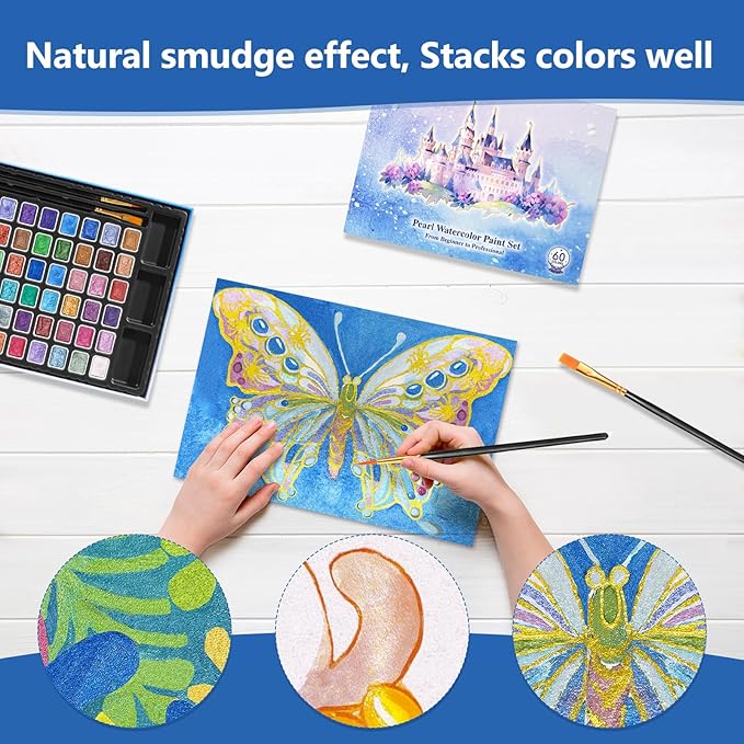Mini Glitter Watercolor Paint Set with Paper, 60 Colors Shimmer Metallic Watercolour Painting Sets, Solid Pearl Water Color Paints, 1ml Trial Package(1ml 60 Colors)