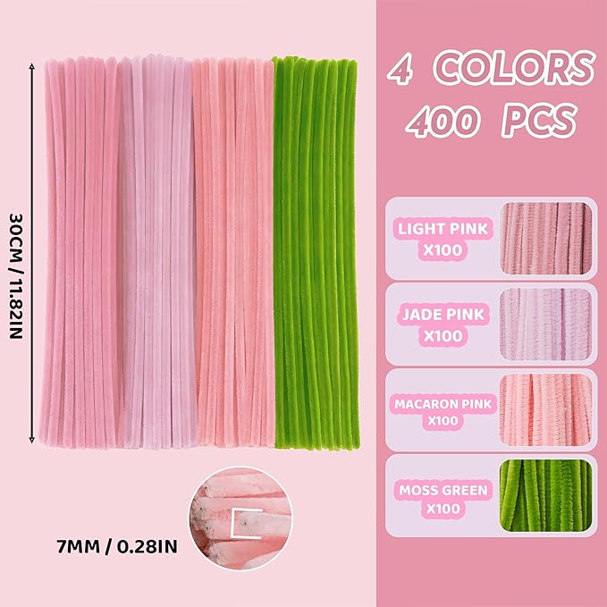 Upgraded 2026 Pipe Cleaners Craft Kit: 400-Piece DIY Flower Making Supplies with Exclusive Color Palette | Includes Chenille Stems, Floral Wire, Gardening Tape, Stamen & Ribbon for Kids Arts & Crafts
