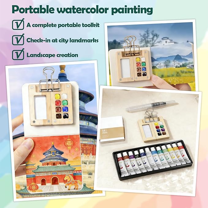 Mini Watercolor Paint Set Bamboo Travel Kit with Watercolor Palette Paintbrush Storage Bag and Water Storage Bottle Ready to Use Watercolor Sets for Artists and Beginners（8 Squares）