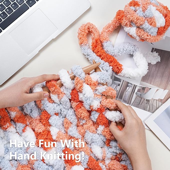 Chunky Yarn for Hand Knitting - #10 Chunky Chenille Blanket Yarn, Jumbo Big Thick Chunky Yarns for Crocheting, Tie Dye Bulky Knit Yarns, 8 Skein (25 yds 8 oz Each Skein), Multi Orange&Grey