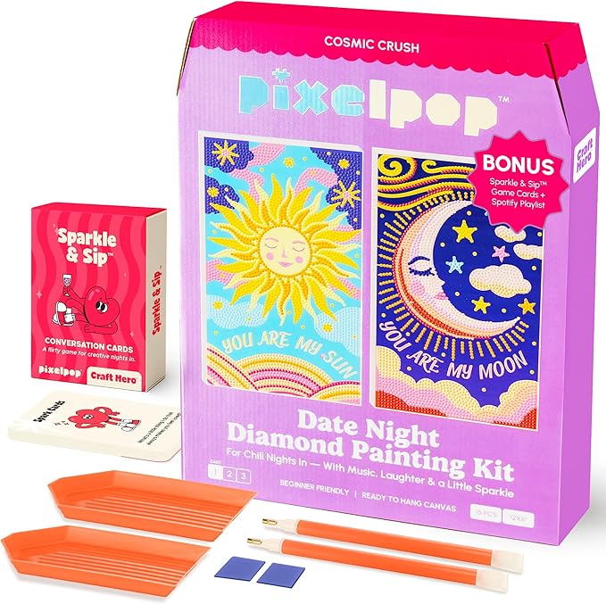 HOUSE OF PARTY Diamond Art Kits for Adults - Date Night Diamond Art Paintings, Relaxing Craft Kits with Conversation Cards, Playlist & Wood Frame for Beginners, Fun DIY Gifts for Couples