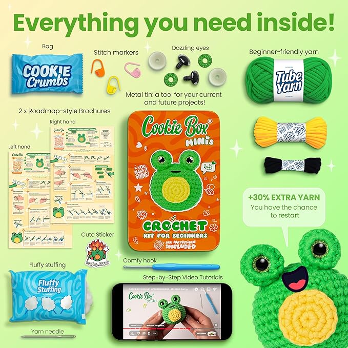 Cookie Box MINIs Crochet Kit for Beginners – Gift Set to Make Frog Ribbit Amigurumi Plushie – Easy DIY Crochet & Knitting Starter Kit with Printed Instructions & Step-by-Step Video Tutorial