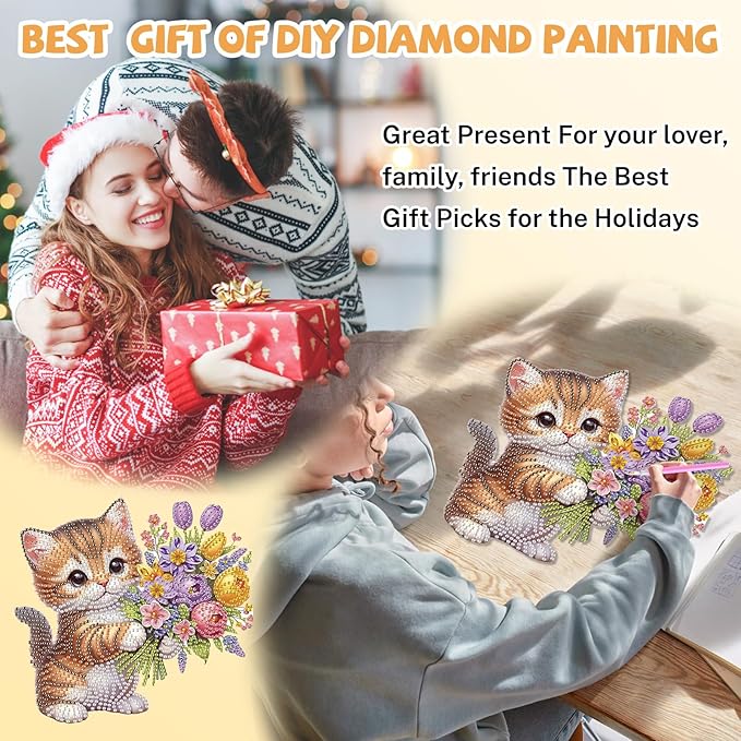 Bowetile Cat Diamond Art Hanging Kits for Adults, Diamond Art Suncatchers Flowers, 5D Special Shape Diamond Painting Pendant Window Ornament Valentine's Day Gifts for Home Wall Decor