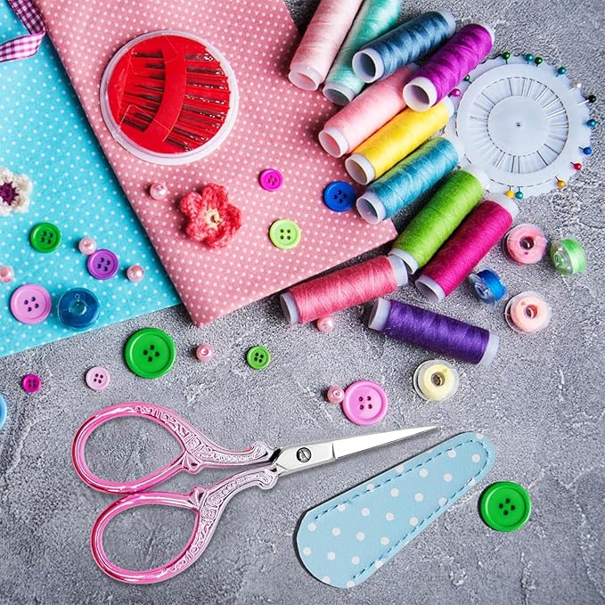 3.6Inch Little Scissors Sewing Scissors with Leather Scissor Cover Stainless Steel Sharp Tip Craft Scissor for Embroidery Craft Needlework Artwork Cross Stitch DIY Thread