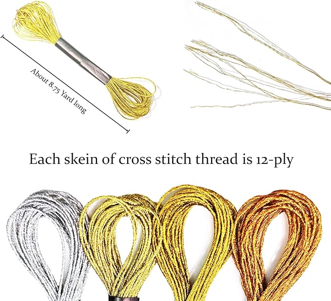 12 Skeins Metallic Embroidery Floss, Gold and Silver Embroidery Thread, Multi-Purpose Cross Stitch Thread for Hand Crafts Art Supplies（8 m 12 Strands）