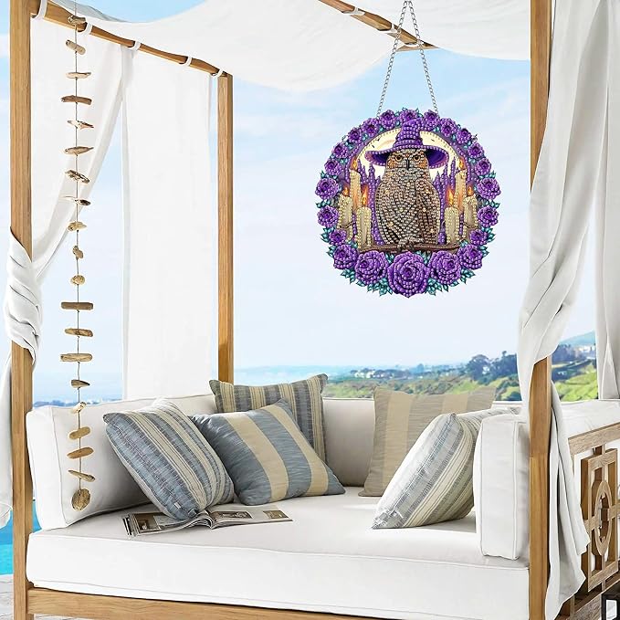 VAIIEYO Owl Diamond Art Hanging Ornament, Animal Rose Diamond Painting Suncatchers Window Hanging Kit with Chain, 7.5x7.5 inch Crystal Pendant Art Craft for Gift Home Wall Front Door Decoration