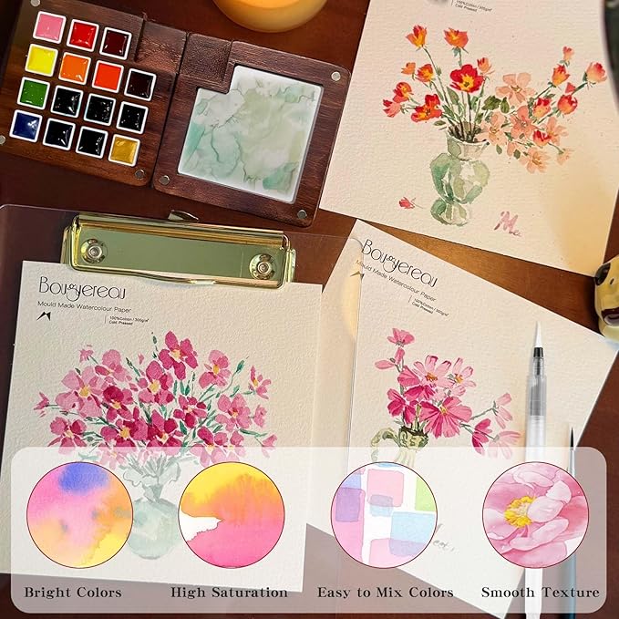 Mini Watercolor Paint Set - 15 Color Travel Watercolor Palette Set - Portable Water Color Paint Set with Binder Clips, Watercolor Brush Pens, Wooden Box for Beginners Painters Artists Student