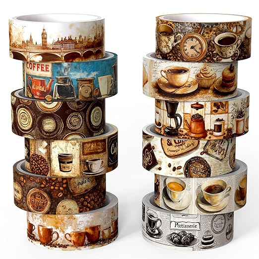 12 Rolls Washi Tape Set,Vintage Coffee Themed Decorative Tape Retro Brown Watercolor Cafe Masking Tape for Journaling Supplies,Junk Journal, Scrapbooking,Planner,DIY Arts & Crafts Supplies