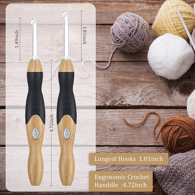 Chuangdi 11 Sizes Lighted Crochet Hooks Set Rechargeable Crochet Hook Light up Hooks with Case, Interchangeable Heads 2.5 mm to 8 mm for DIY Craft Supplies(Wood Color-Black)