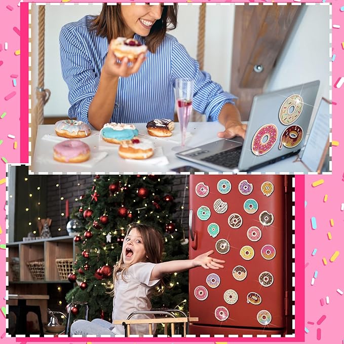 30 Pcs Diamond Art Painting Magnets Fridge Magnetic Diamond Art Painting Kits Fridge Sticker Magnet DIY Craft for Adult Beginner Gifts Toy Home Office Decors(Donut)