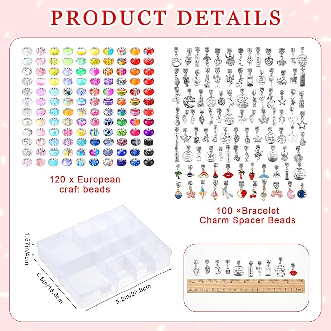 Ferreve 231 Pcs Charm Bracelet Making Kit Snake Chain European Large Hole Beads Dangle Charm with Plastic Storage Box DIY Jewelry Making Craft Gifts for Women(7.5 Inch)