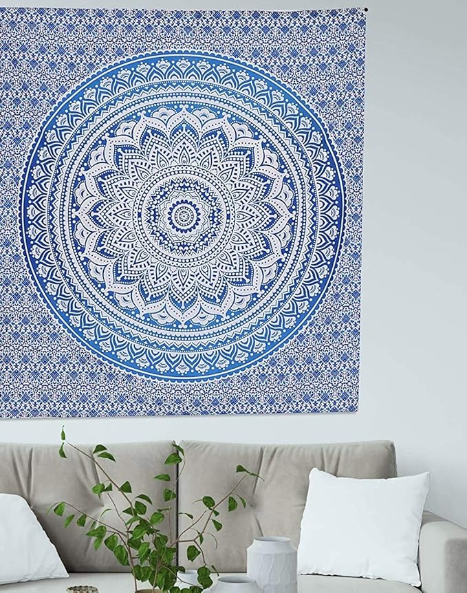 popular handicrafts tapestry wall hanging hippie ombre mandala bohemian hippy psychedelic design indian tapestries bedspread 30 x 40 inches (76 x 101 cms), blue