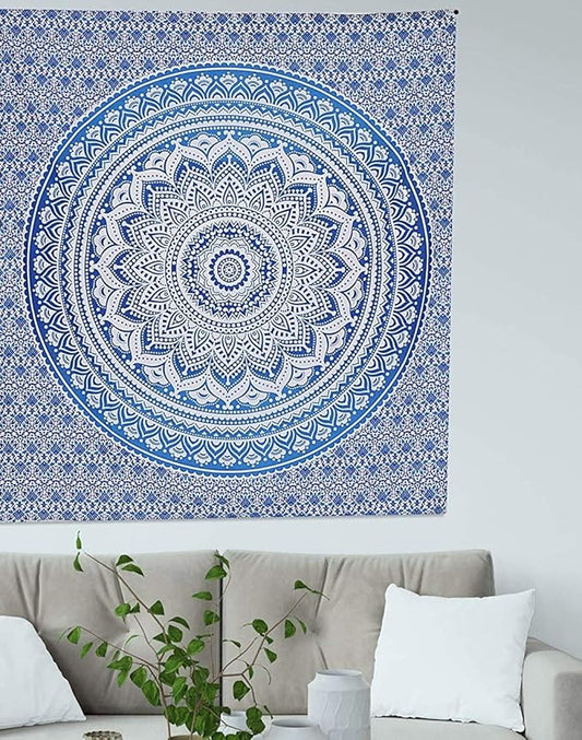 popular handicrafts tapestry wall hanging hippie ombre mandala bohemian hippy psychedelic design indian tapestries bedspread 30 x 40 inches (76 x 101 cms), blue