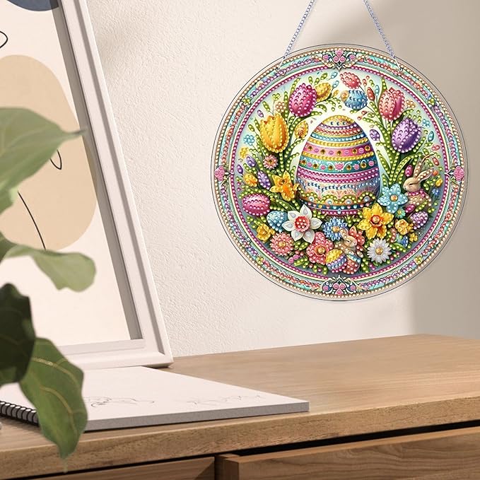VODAPYC Easter Diamond Art Hanging Kits for Adults, DIY Double Sided Partial Special Shaped Diamond Art Window Pendant Ornament(Easter Flower Egg)