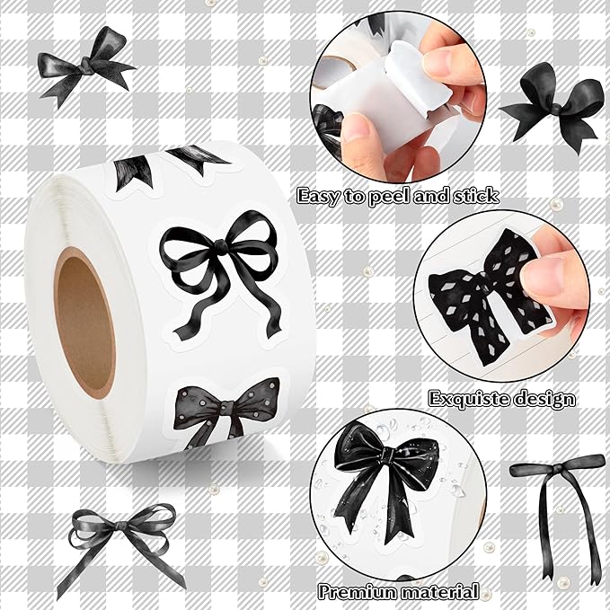 beyumi black bows sticker roll - 1000pcs coquette bow stickers in 2 rolls waterproof vinyl girly aesthetic bowknot decal for gift laptop bottle scrapbooking luggage computer envelope decor for kids