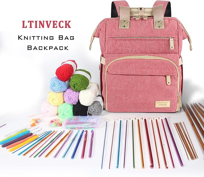 LTINVECK Knitting Bag Backpack,Yarn Storage Organizer Travel Crochet Bag,Large Capacity Yarn Storage Tote Bag Yarn Holder Case for Carrying Projects, Knitting Needles, Crochet Hooks Pink