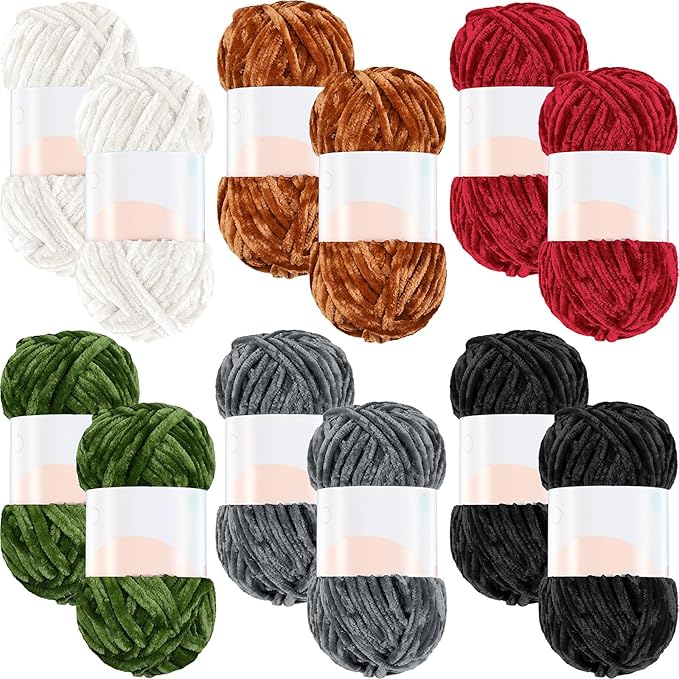 Xinnun 12 Skeins 1116 Yards Chenille Velvet Soft Thick Plush Yarn Bulk for Crocheting Knitting Blanket DIY Weaving Craft, 6mm, 3.5 Oz/Skein(Simple Color)