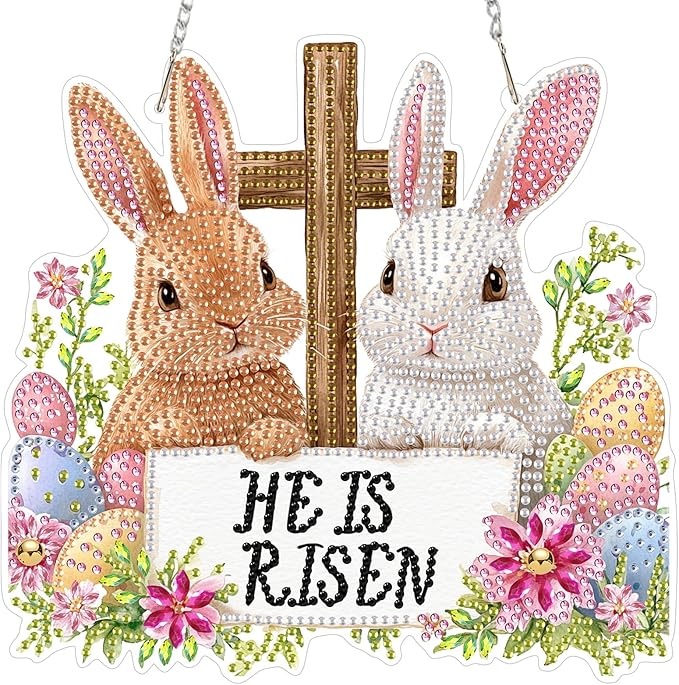Happy Easter Bunny DIY Hanging Diamond Art Pendant Kit, Special Crystal Diamond Painting Ornament Kits for Adults Beginners, Double Sided Acrylic Board Gem Painting Box Kit, He Is Risen Funny Easter