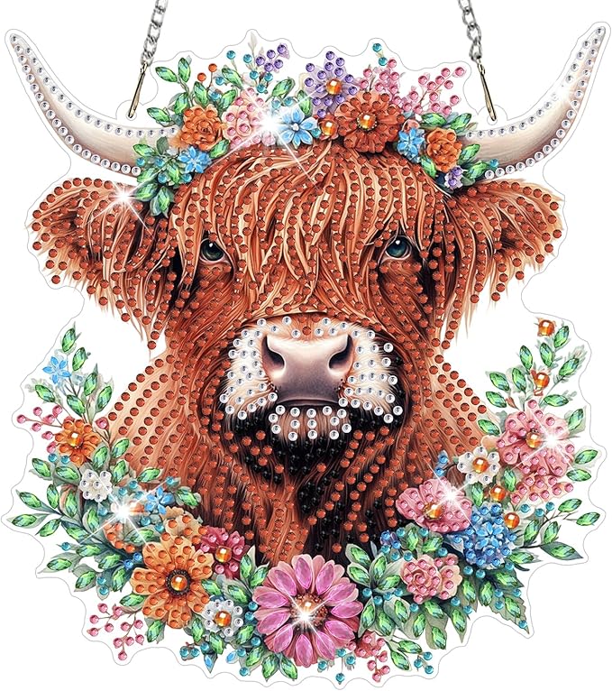 NAIMOER Diamond Art Hanging Kits for Adults Cow 5D Special Shaped Rhinestone, DIY Acrylic Diamond Art Painting Window Pendants Home Garden Wall Hanging Ornament Kits, Double Sided