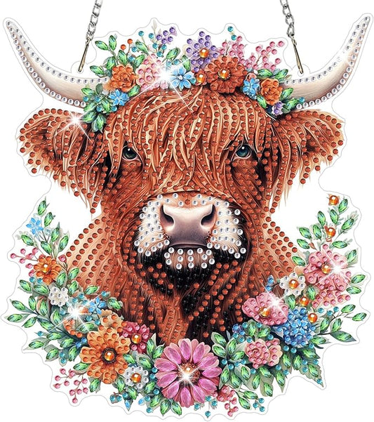 NAIMOER Diamond Art Hanging Kits for Adults Cow 5D Special Shaped Rhinestone, DIY Acrylic Diamond Art Painting Window Pendants Home Garden Wall Hanging Ornament Kits, Double Sided