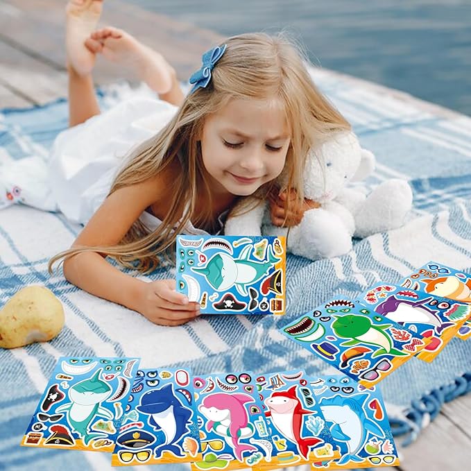 24 sheets make your own shark stickers for kids toddlers, sea ocean animals birthday party favors activities