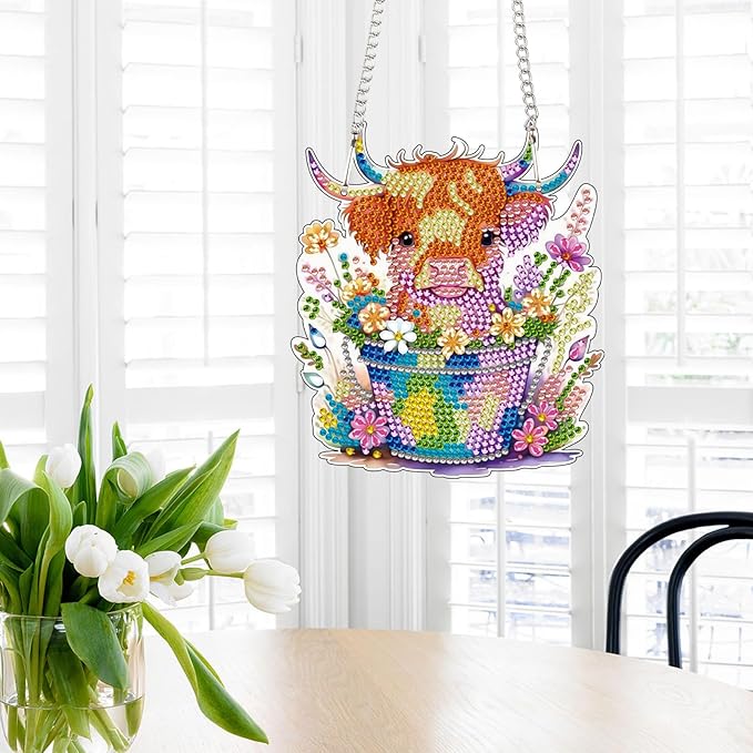 AiYuanzsh Animal Cow Diamond Painting Pendant Kit, 5D DIY Acrylic Diamond Art Hanging Ornament with Flower Pot and Floral Design, Special Shaped Rhinestone Pendant Craft, Wall Decor Gift for Adults