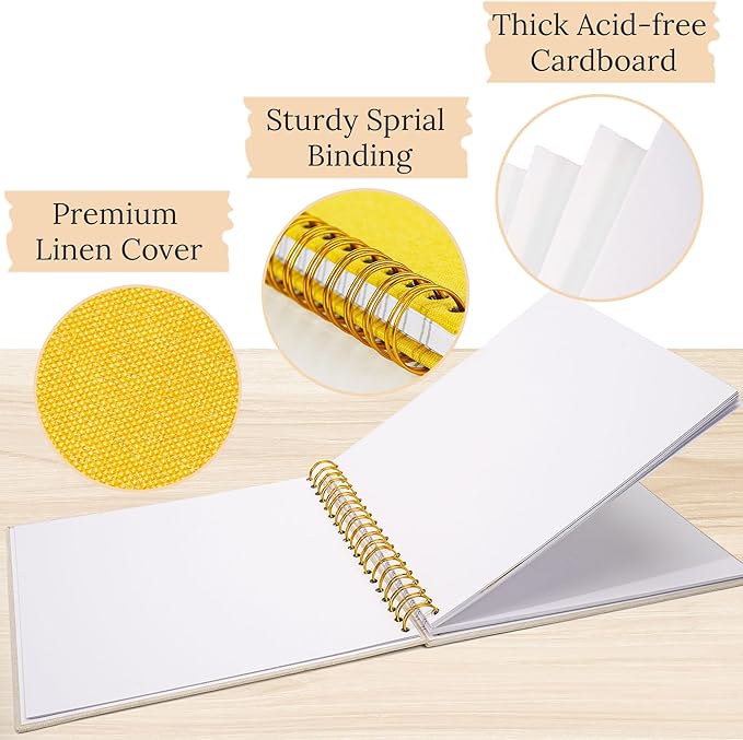 Scrapbook Photo Album Linen Cover, 12 x 12 Inch Hardcover Kraft White Pages Memory Book, for Travel Wedding Guest Book Christmas Baby Shower (40 Sheets/ 80 Pages,Yellow)