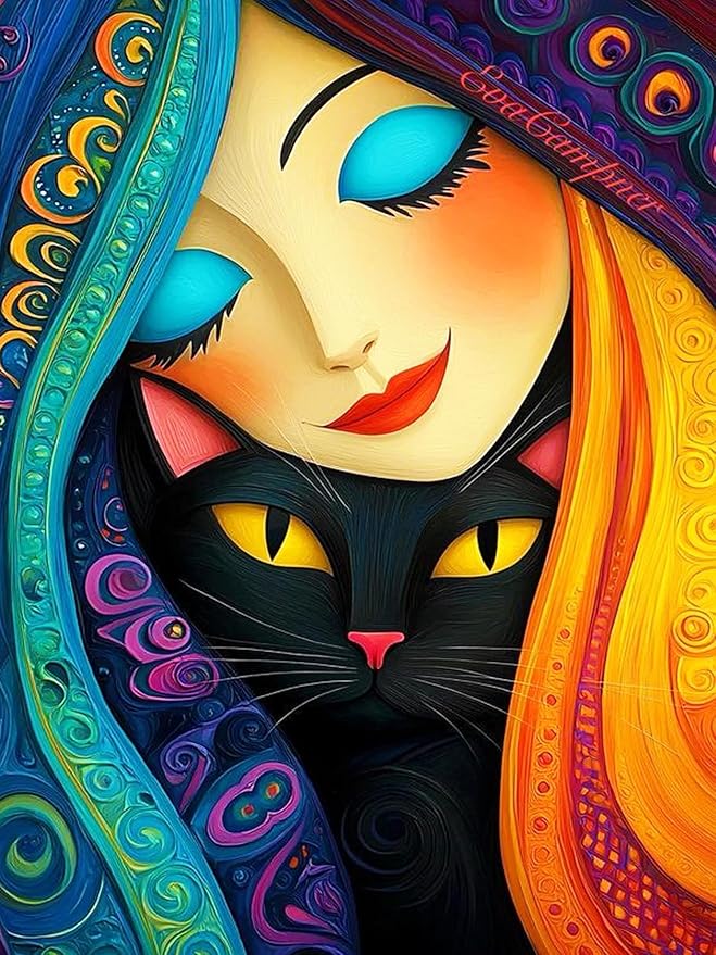igoodom Diamond Art Kits for Adults, Black Cat Diamond Painting Kit, Full Drill Round Diamond Art Kits, DIY Gem Art and Crafts for Home Wall Decor Gift 12x16inch