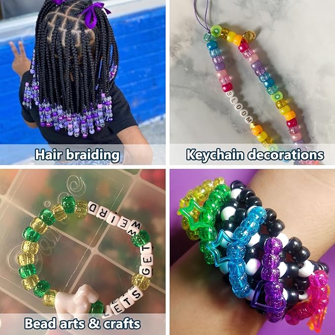 simetufy 1200 pcs pony beads 6x9mm glitter clear plastic beads transparent beads with sparkling glitter assorted 10 colors for diy craft jewelry bracelets making, hair braiding, keychains ornaments