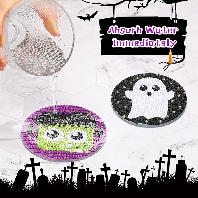 UPINS 8Pcs Halloween Diamond Art Painting Coasters Kits with Holder Diamond Art Non Slip Coaster Kits DIY with Holder Crafts for Adults Diamond Art Painting Kits Supplies