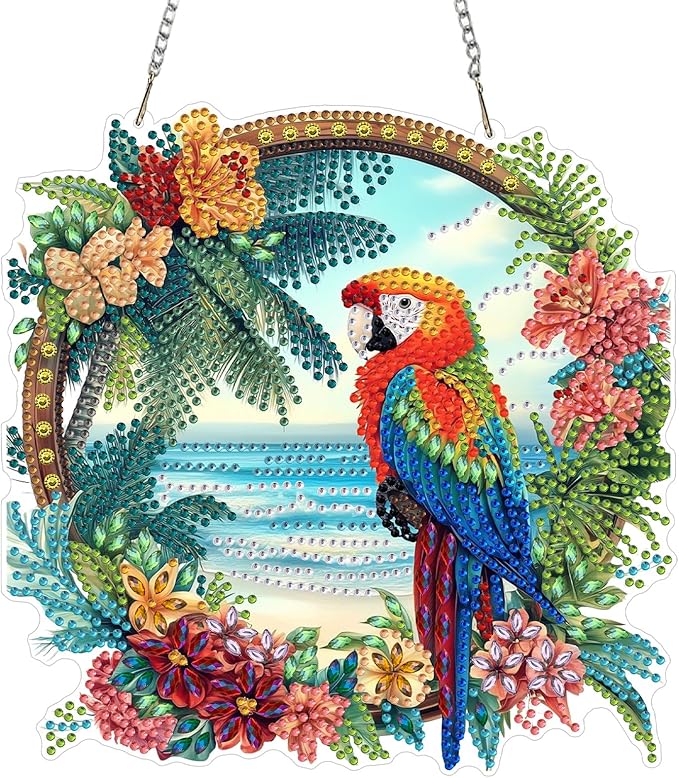 KEYIFA Parrot Diamond Painting Kit, DIY Beach Diamond Art for Adults, Diamonds Pendant Special Shaped Rhinestone Window Hanging Ornaments Home Garden Wall Door Decoration, 20cm Width