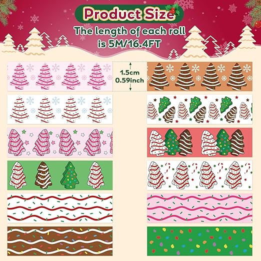 Christmas Tree Washi Tape - 12Pcs Sweet Dessert Gingerbread Scrapbook Washi Colored Masking Decorative Tape Set School Office Teacher Gift Wrapping Diy Craft Scrapbooking Journal Art Supplies