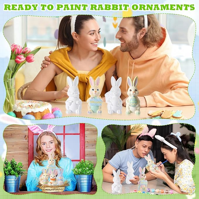 Zubebe 4 Pcs Easter Ceramics to Paint Bunny Kits Ready to Paint Your Own Easter Bunny Figurines 5.1 Inch 3D Unpainted Blank Ceramics with Brush and Palette Rabbit Statues for Craft (Cute Style)