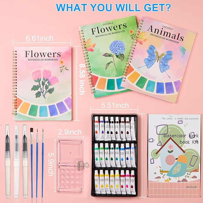 Watercolor Workbook, Water Coloring Book, 24 Colors Watercolor Paint Set with Palette and Brush, 12 Different Patterns of Original DIY Designs, Beginner-Friendly Watercolor Workbook (Animals 1)