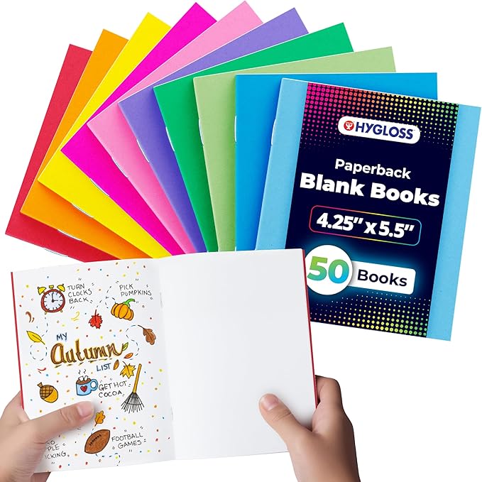 hygloss blank books - bulk 50 pack – 4.25" x 5.5" a6 assorted colors – paperback blank books for kids to write stories, doodle art – plain drawing sketchbook, unlined journal, notebook without lines
