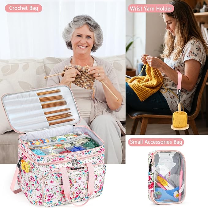 IBFUN 3PCS Crochet Bag with Wrist Yarn Holder, Large Yarn Storage Tote Waterproof Knitting Bag Organizer with Adjustable Strap for Hooks, Needles (Up to 14"), Accessories, Crochet Lovers, Tangle-Free