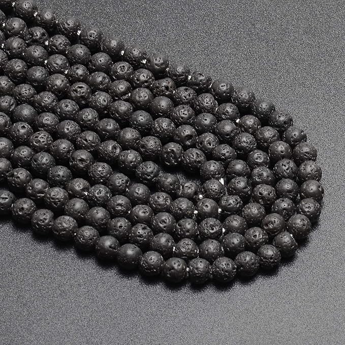 LPBeads 200Pcs Polished 6mm Round Natural Black Lava Gemstone Loose Beads with Stretch Cord for Jewelry Making Bracelets