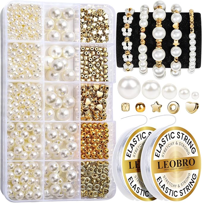 leobro pearl beads for bracelets, 720pcs bracelet making kit for adult, bracelet bead kits, small pearl beads and gold beads for bracelets, jewelry making kit