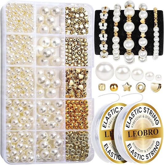 leobro pearl beads for bracelets, 720pcs bracelet making kit for adult, bracelet bead kits, small pearl beads and gold beads for bracelets, jewelry making kit