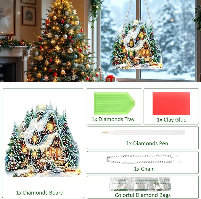 SENQAO Christmas House Diamond Art Hanging Kits for Adults Kids, Christmas Diamond Art Suncatchers, 5D Special Shape Diamond Painting Pendant Window Ornament Gifts for Home Garden Door Wall Decor