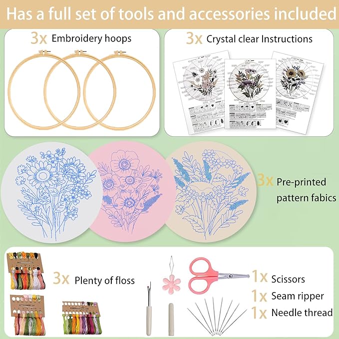 Ohcol 3 Sets Embroidery Kit for Beginners Cross Stitch Kits Needlepoint Kits Crafts for Adults with 3 Embroidery Hoops Easy-to-Follow Operating Instructions,Needle Point Kits with Flowers Patterns