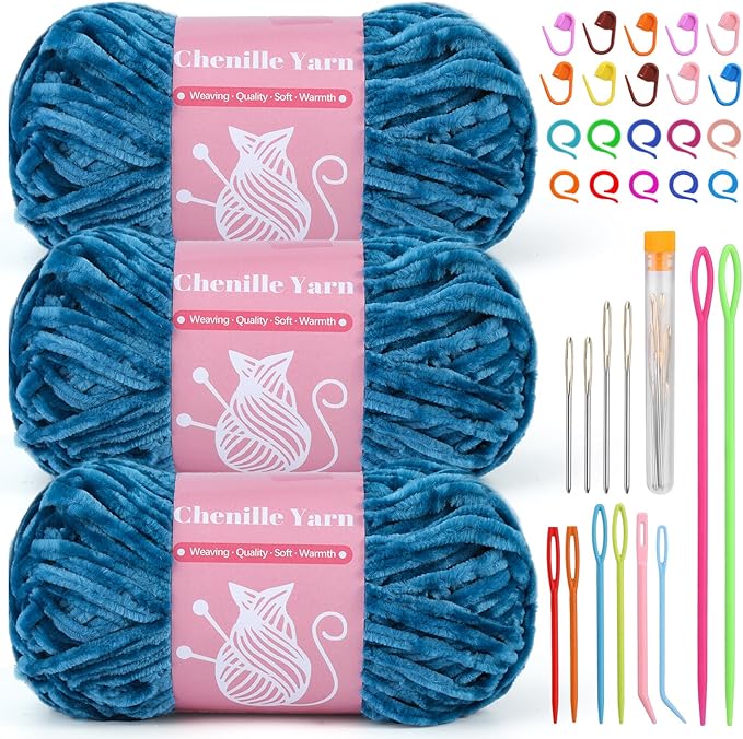 LUNARM Chenille Velvet Yarn for Crocheting Knitting with Big Eye Needles, Handcrafts Weaving Soft Chenille Yarn for Making Blankets Clothes Pattern Knitting-3 * 3.35oz,3 * 162yds (Peacock Blue)