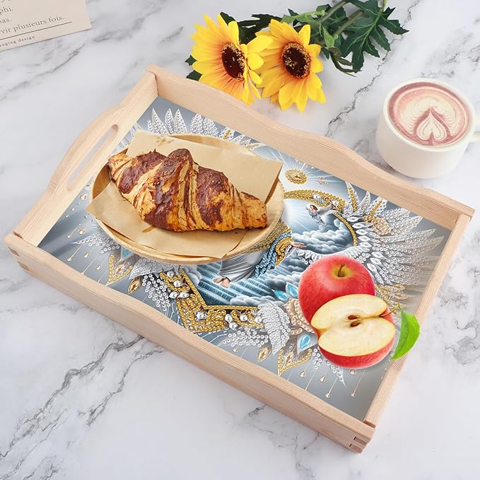 DIY Diamond Art Tray with Handle Diamond Art Painting Plate Creative Design Handmade Wooden Tray Mosaic Making Kits by Number Kits Diamond Art for Coffee Living Room Home Organizer (Jesus Christ)