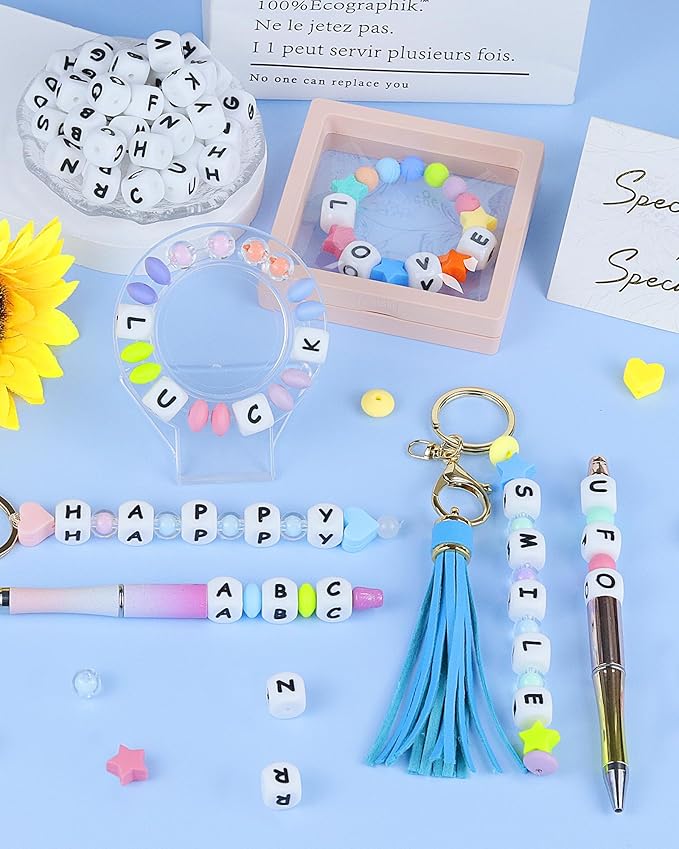 20Pcs FIVEIZERO Silicone Letter Beads, White 12mm Vowels Alphabet Beads,Square Letter Bead for Bracelets and Keychains, Large Letter Bead for Necklaces and Lanyards Making
