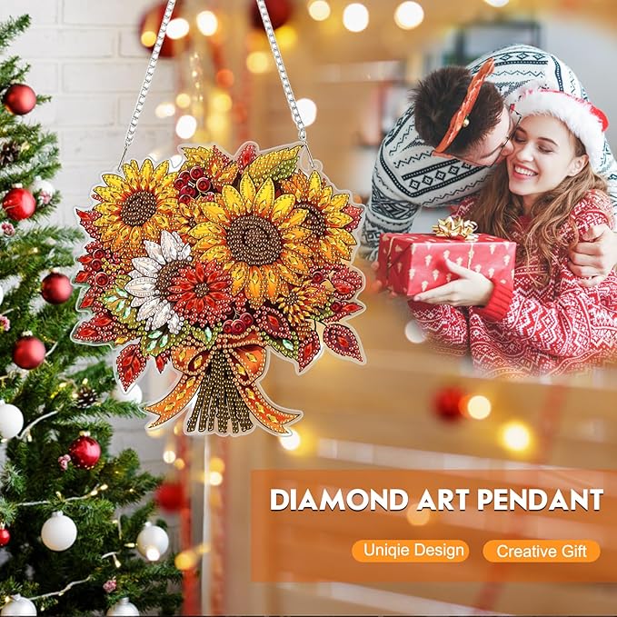 NEWENMO Diamond Art Hanging Kit for Adult, Sunflower Bouquet, DIY Double Sided Acrylic Special Shaped Diamond Art Painting Window Pendant Flowers, Home Garden Wall Hanging Ornament Kits