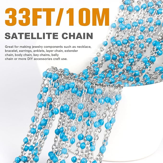 33 Feet Stainless Steel Enamel Chains Bulk, 2mm 304 Stainless Steel Light Blue Enamel Beaded Cable Link Chain Roll Spool for Jewelry Making